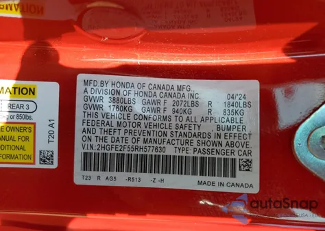 2024 Honda Civic Sport from USA, damaged, VIN 2HGFE2F55RH577630